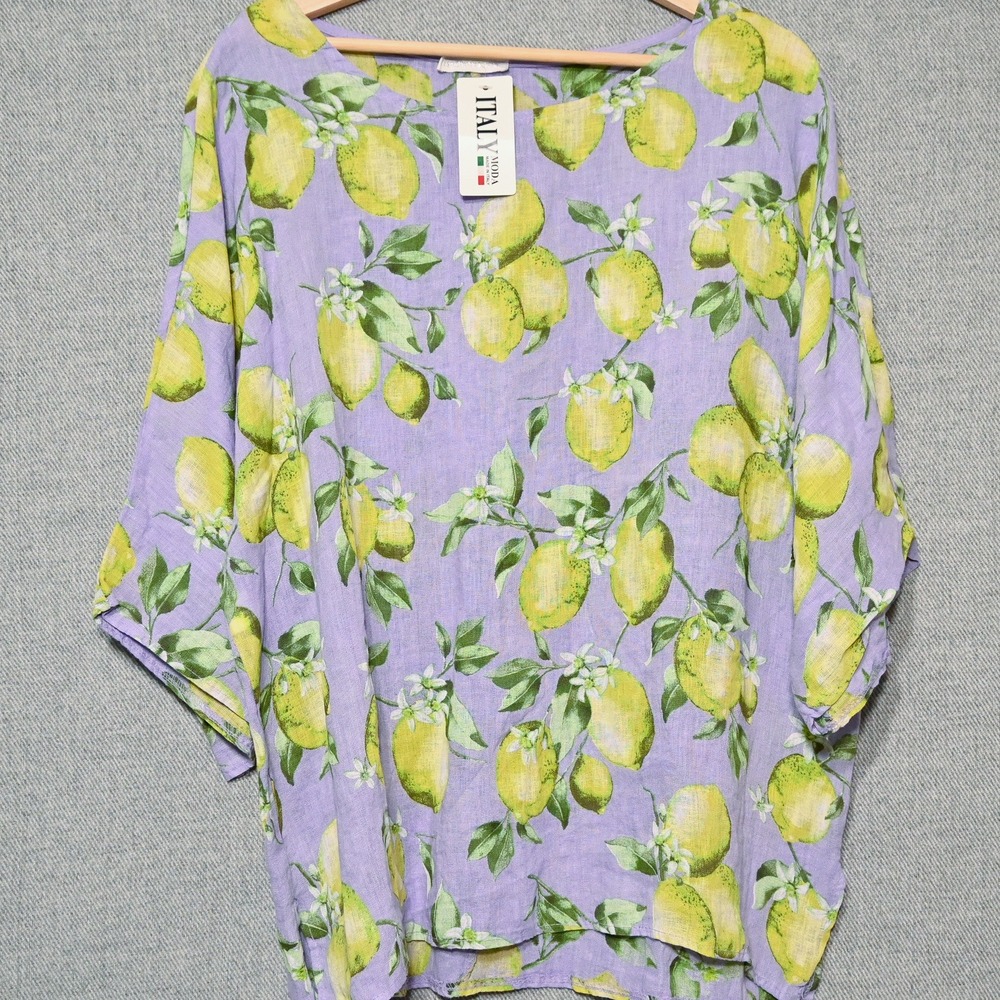 Italy Moda Linen Top Womens Lemon Print Short Sleeve Purple OS Italy NWT